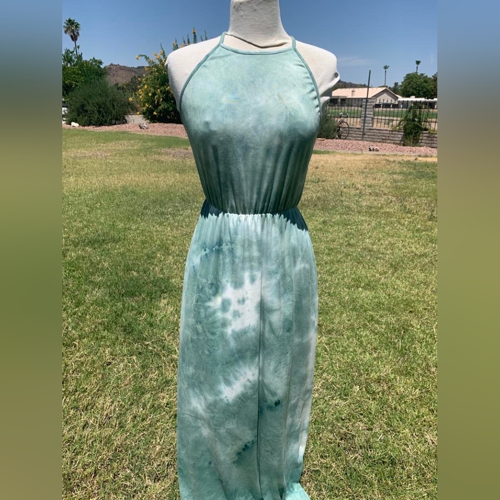 French Grey tie dye green blue white dress women's size medium